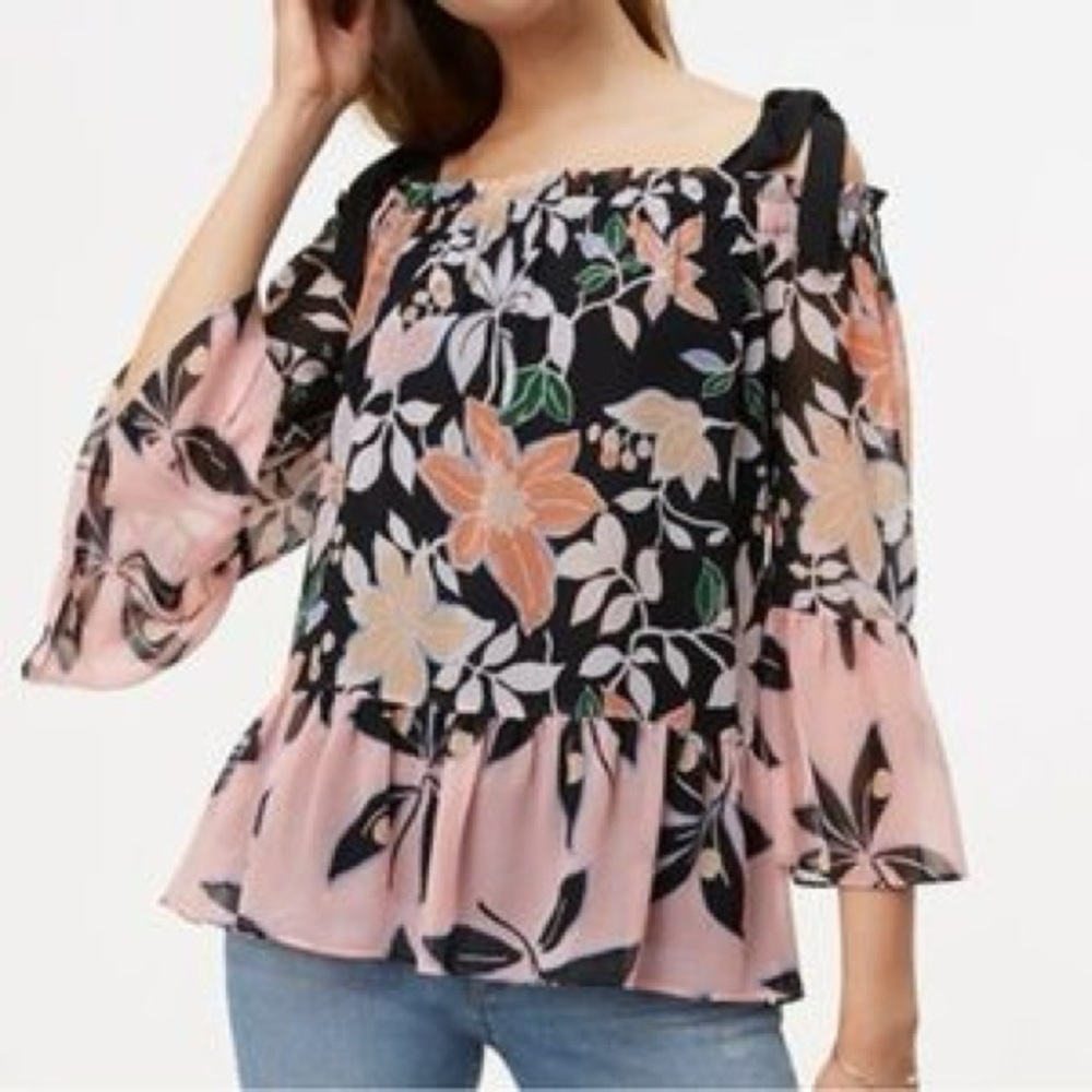 LOFT Floral Off-Shoulder Blouse - Black, Pink, and Orange